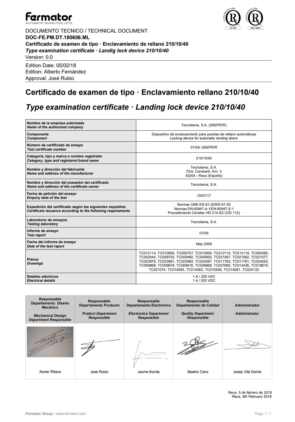 Fermator Landing Lock Certificate