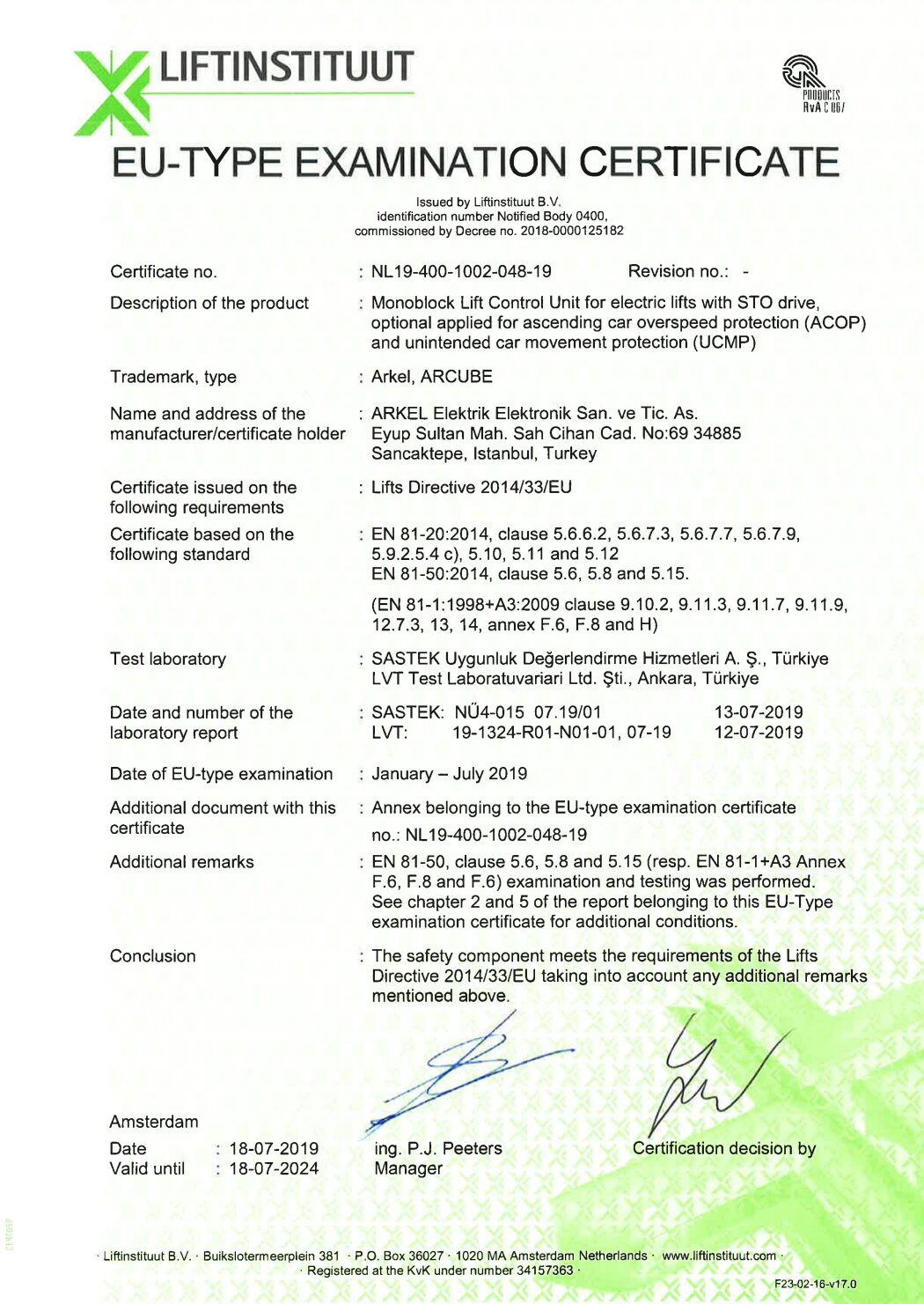 ARKEL Type Examination Certificate