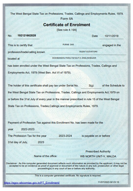 P-Tax Enrollment Cer